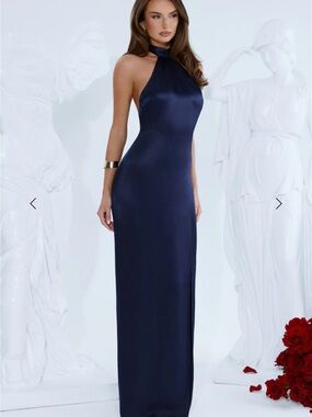 Dear Emilia/Hello Molly Navy Halter Satin Evening Gown